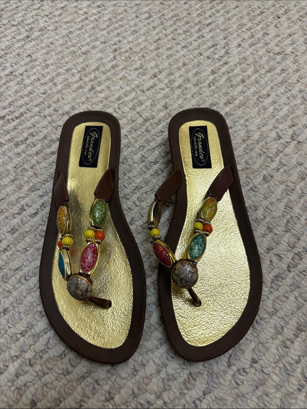 Women’s Multicolor Beaded Gold-Trim Thong Sandals